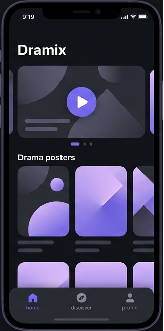 Dramix 应用界面概念示意：深色主题下的剧集浏览与播放入口，非真实截图。